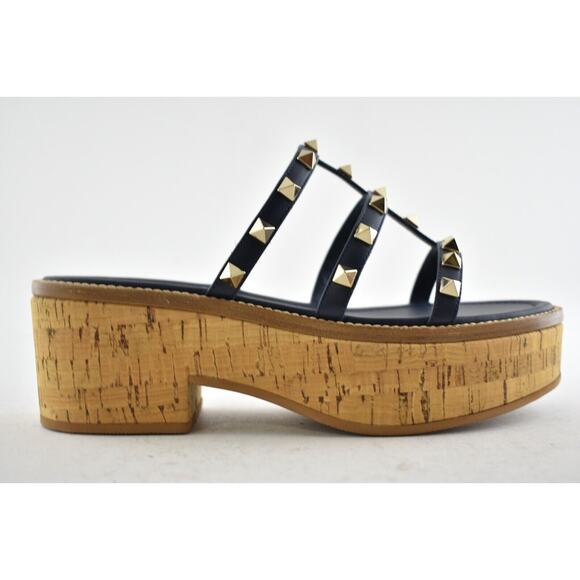 Valentino Rockstud Blue Cork Platform Mule Slide Sandal Block Heel Wedge 35.5 - Picture 2 of 9